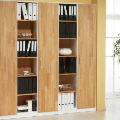 Büroschrank aus massivem Buchenholz mit Türen und offenen Regalen